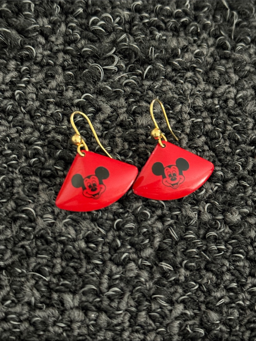 Disney Red Fan Shaped Earrings with Black Mickey Prints and Gold Hooks
